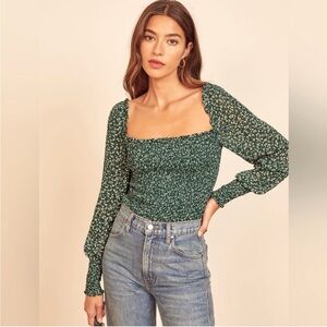 Reformation Green Floral Smocked Top